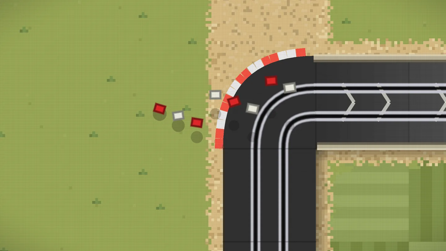 Native Windows desktop game capture of red and white kerbstones scattered by a track corner, each with a dark outline and a round grey shadow blob beneath it