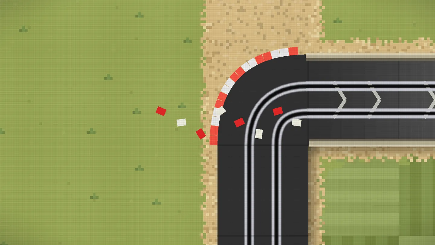 Native Windows desktop game capture of landed red and white kerbstones lying flat on the grass and tarmac with no shadows or outlines