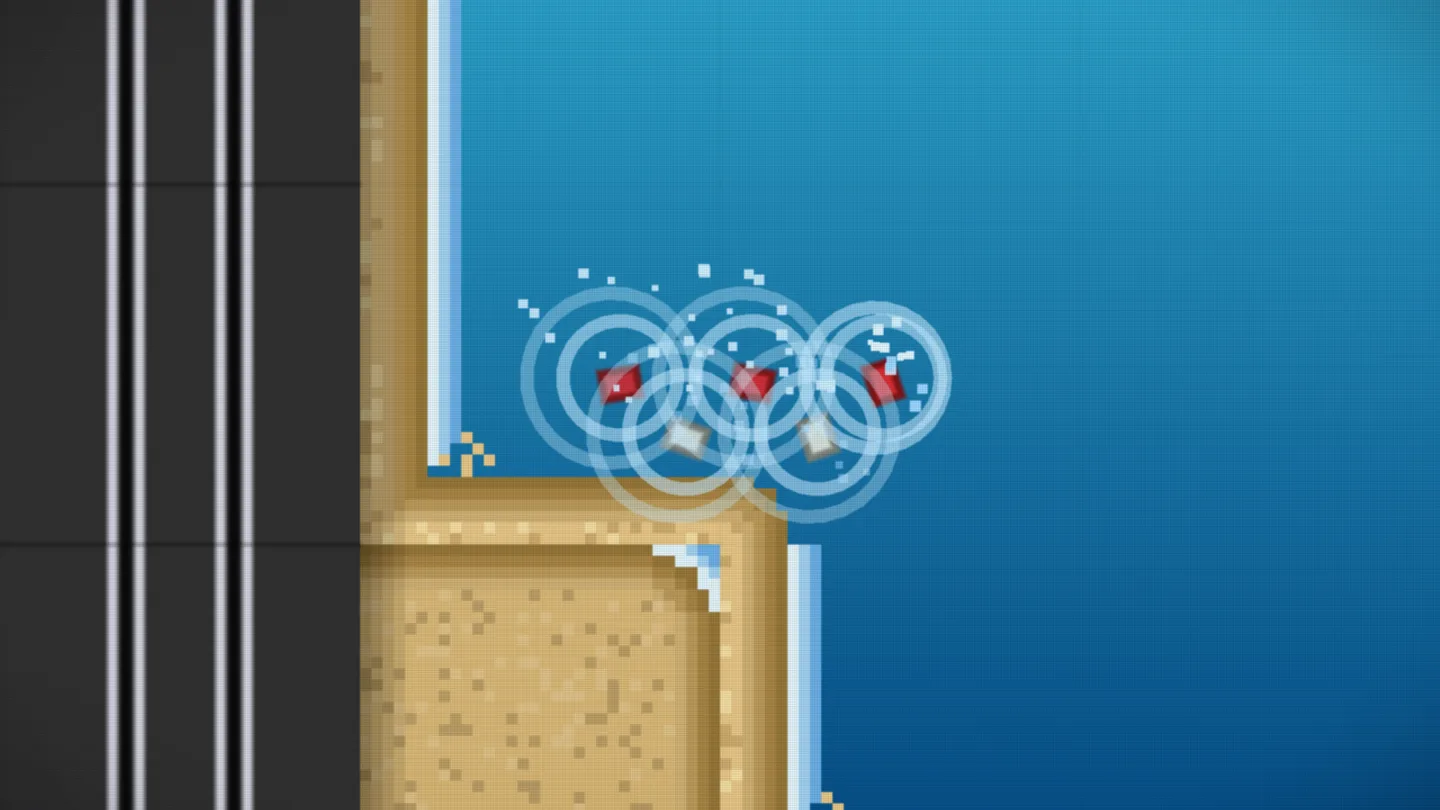 Native Windows desktop game capture of kerbstones darkening and fading beneath overlapping ripple rings on the river surface