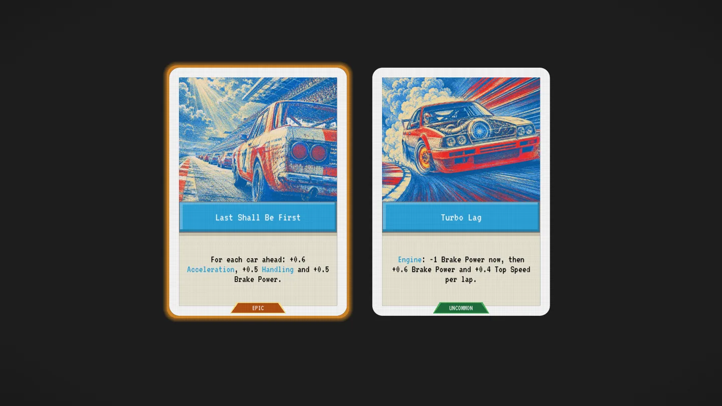 Last Shall Be First and Turbo Lag cards with restored blue, red and cream racing illustrations