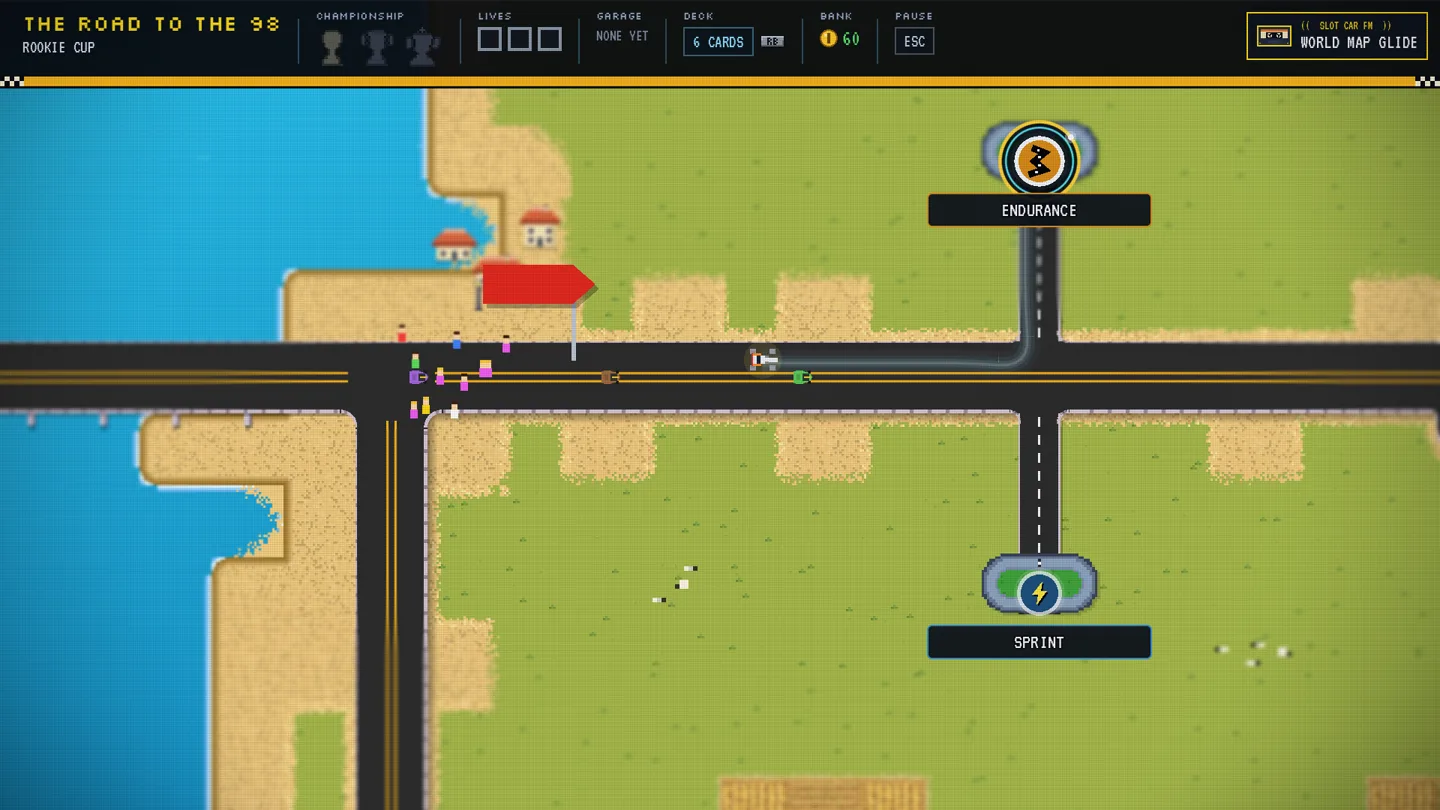 The world map mid-drive with the glowing route beginning exactly at the car and running ahead to the Endurance race node.
