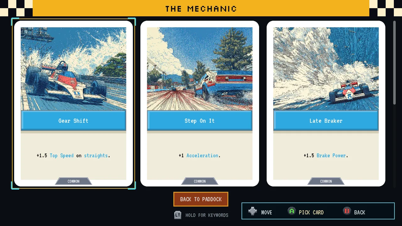 The Mechanic: three cards laid out to choose one for a free upgrade.