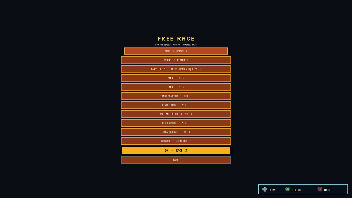 Free Race setup control visibly pressed using a controller