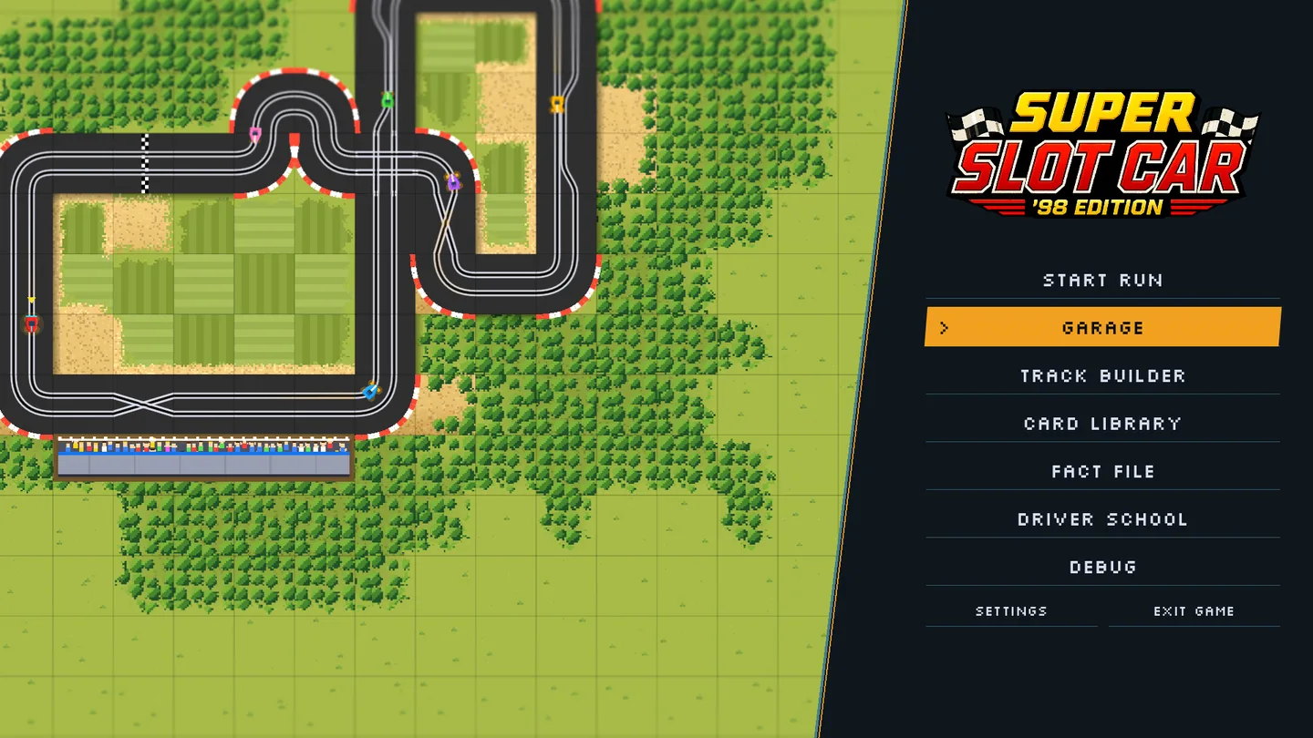 New Super Slot Car main menu with a slanted charcoal sidebar, amber selected row and animated pixel arrow and track flyover framed to its left