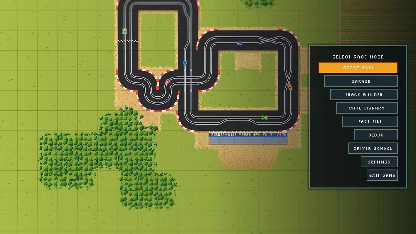 Previous Super Slot Car main menu with staggered boxed buttons over the track flyover
