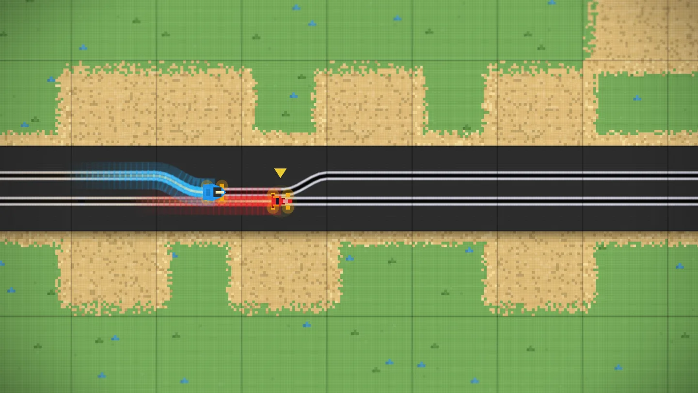 Red and blue slot cars racing neck-and-neck through a squeeze with bright high-speed trails on the title screen's long horizontal straight.