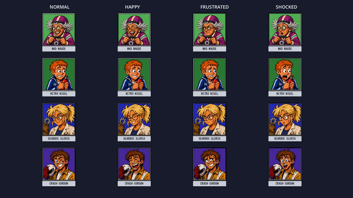 Mad Maude, Nitro Nigel, redesigned Gearbox Gloria and Crash Gordon showing normal, happy, frustrated and shocked expressions in the game