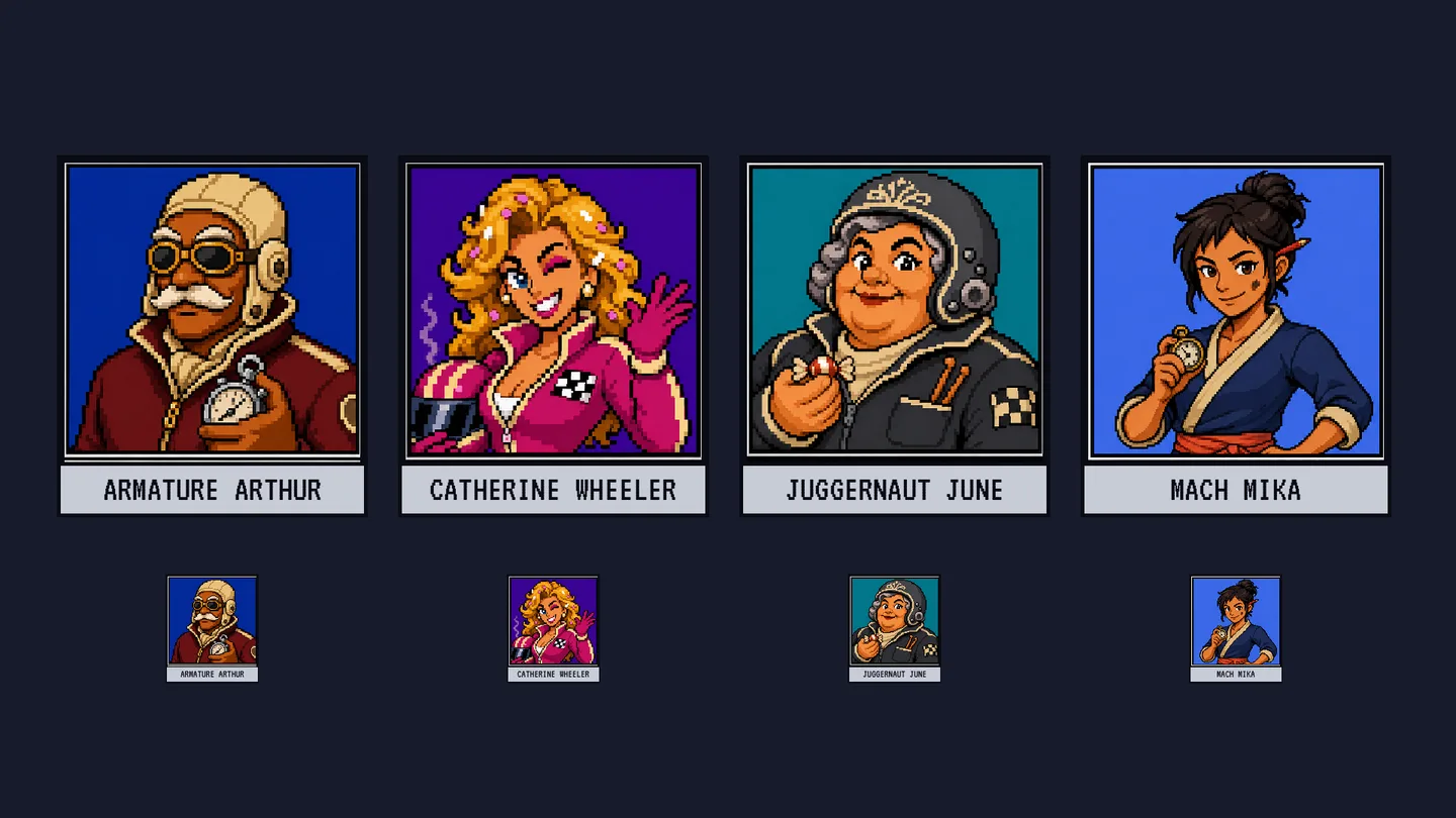 Arthur, Catherine Wheeler, Juggernaut June and Mach Mika rendered in the game with chunky 16-bit portraits and smaller dialogue-size examples