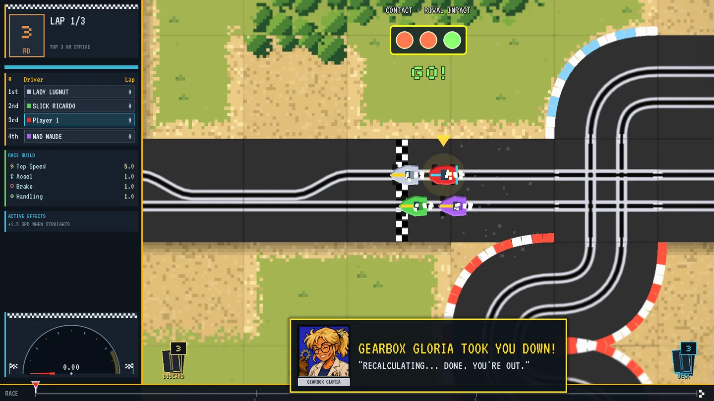 A Super Slot Car race with Gearbox Gloria reacting in a pit-board message