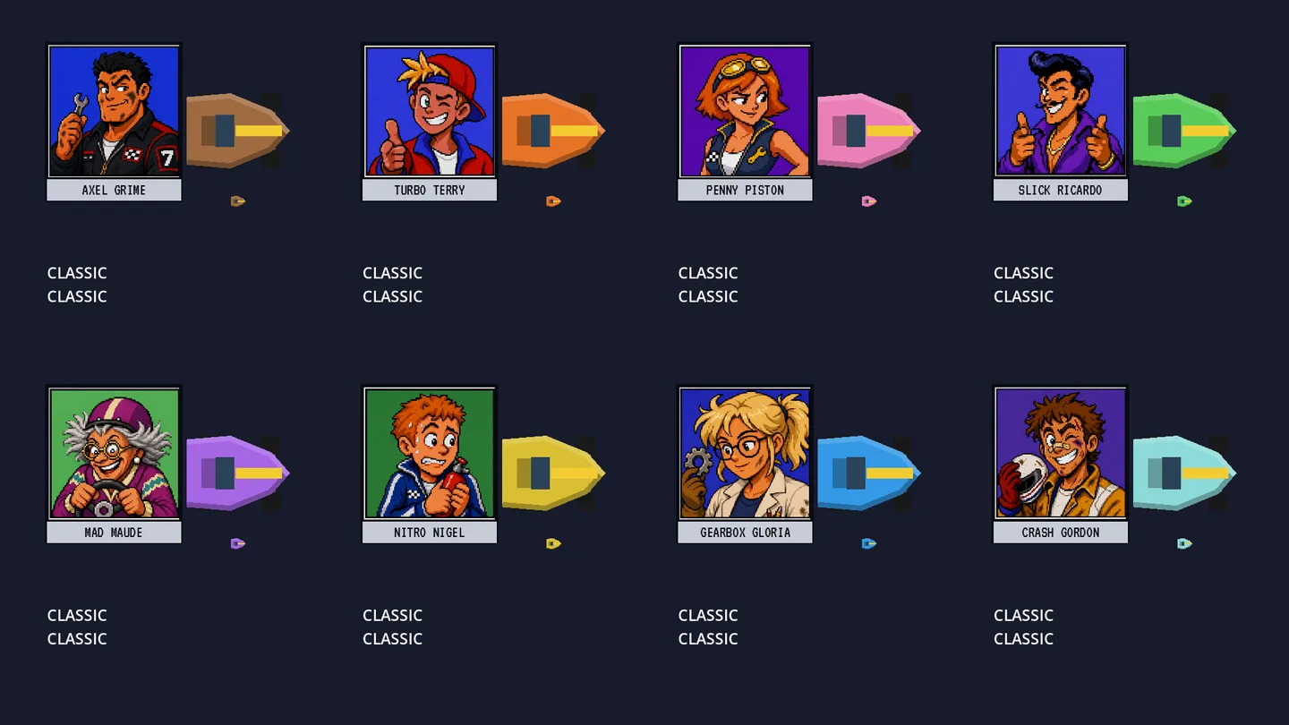 Eight racer portraits beside their previous identical classic car bodies