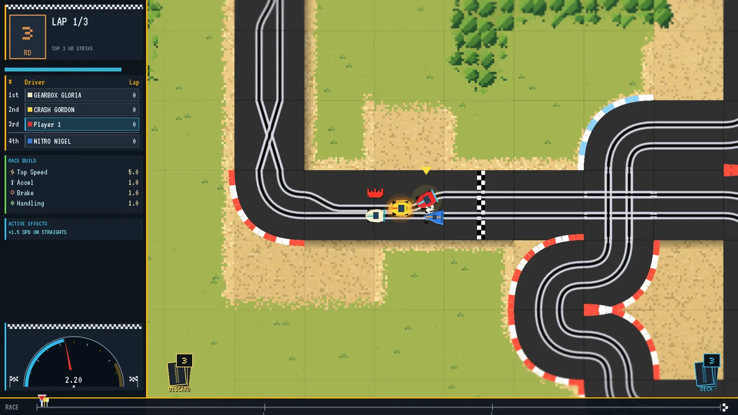 Gloria's cream GT, Gordon's yellow bug and Nigel's blue wedge racing together on the slot-car track