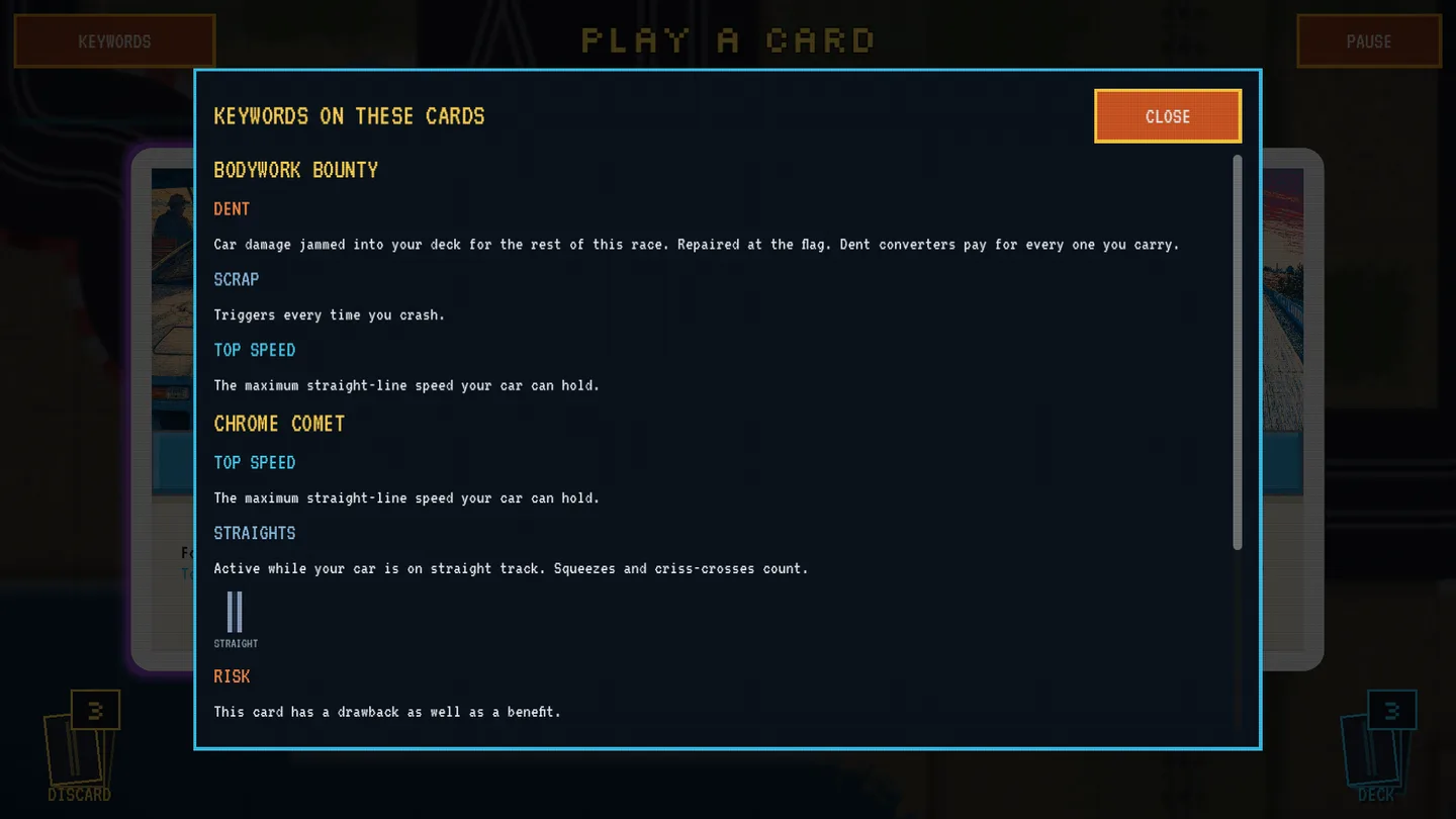 Scrollable card keyword explanations with a large Close button on the phone layout