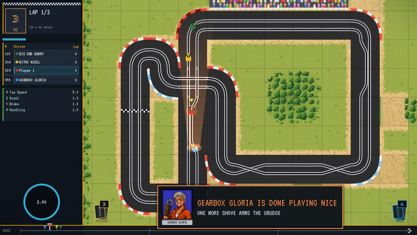 The same moment redesigned: a much larger pit board with a big legible portrait of Gearbox Gloria, and an amber beam of light standing over her blue car on the circuit with a pool of light on the tarmac beneath it.