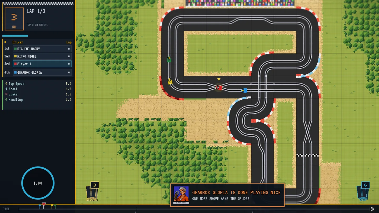The old pit board: a small dark strip at the bottom of the screen with a postage-stamp portrait of Gearbox Gloria, while four indistinguishable cars run nose to tail on the circuit above.