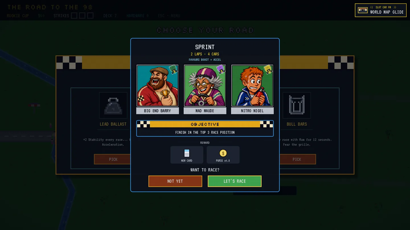 The redesigned card: the same portraits and objective, but the rewards now sit in borderless flat pads, and the two buttons are equally sized — NOT YET in orange, LET'S RACE in bright green.