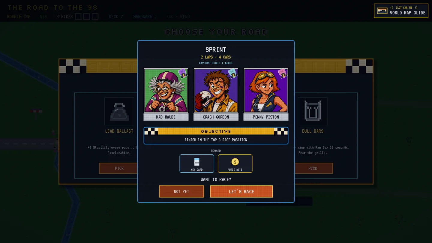 The old race-entry card: three rival portraits over an OBJECTIVE banner, then two reward boxes (NEW CARD and PURSE) drawn in the same bordered frames as the NOT YET and LET'S RACE buttons below them, so all four read as pressable.
