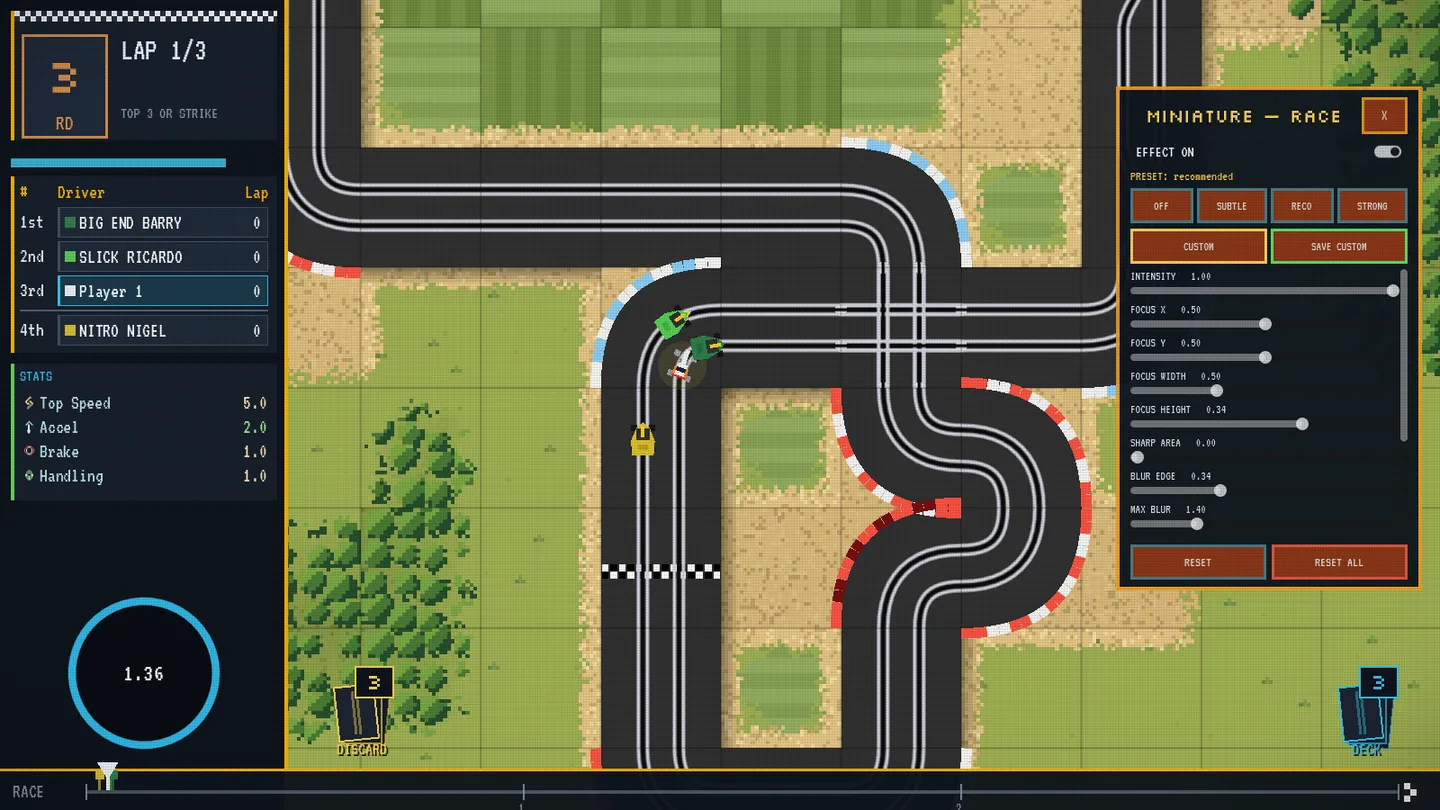 A frozen Super Slot Car race with the Miniature Race tuning panel visible at the right and the circuit unobstructed behind it.