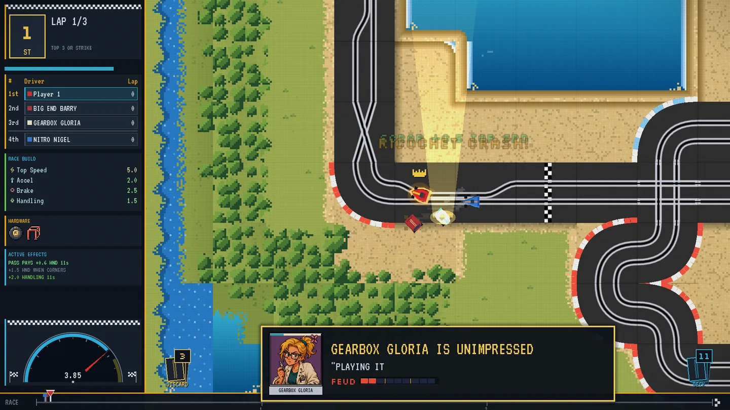 Native Windows desktop game capture of the old race sidebar: a big 1ST position badge above a standings table whose lap column reads 0, a four-row stats panel, a text list of active effects and a half-circle speedometer docked at the bottom