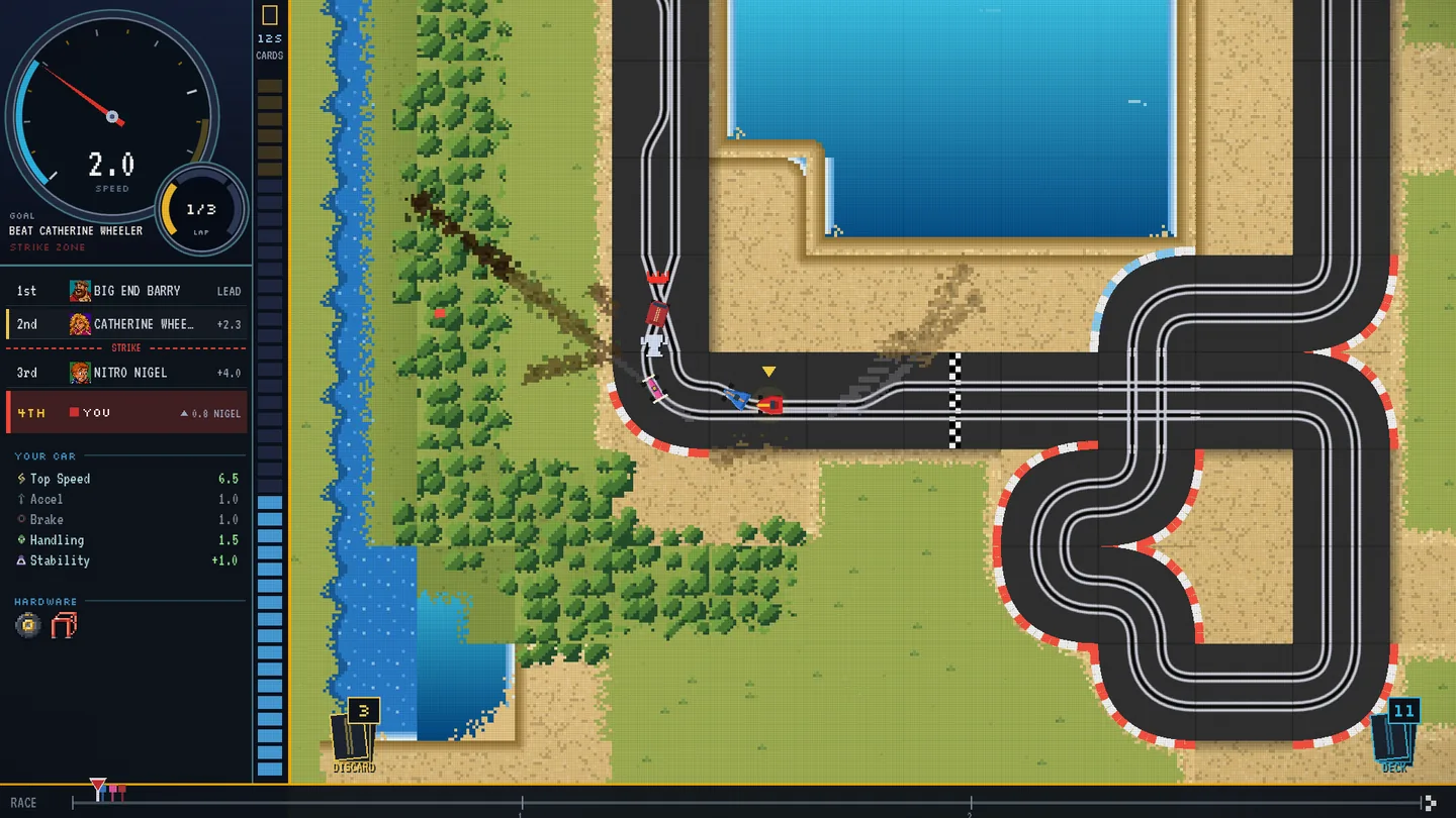 Native Windows desktop game capture of the new race sidebar during a showdown: the player's row is red below the STRIKE line in fourth place, the goal reads BEAT CATHERINE WHEELER with STRIKE ZONE flashing, and Catherine Wheeler sits second, 2.3 seconds behind the leader