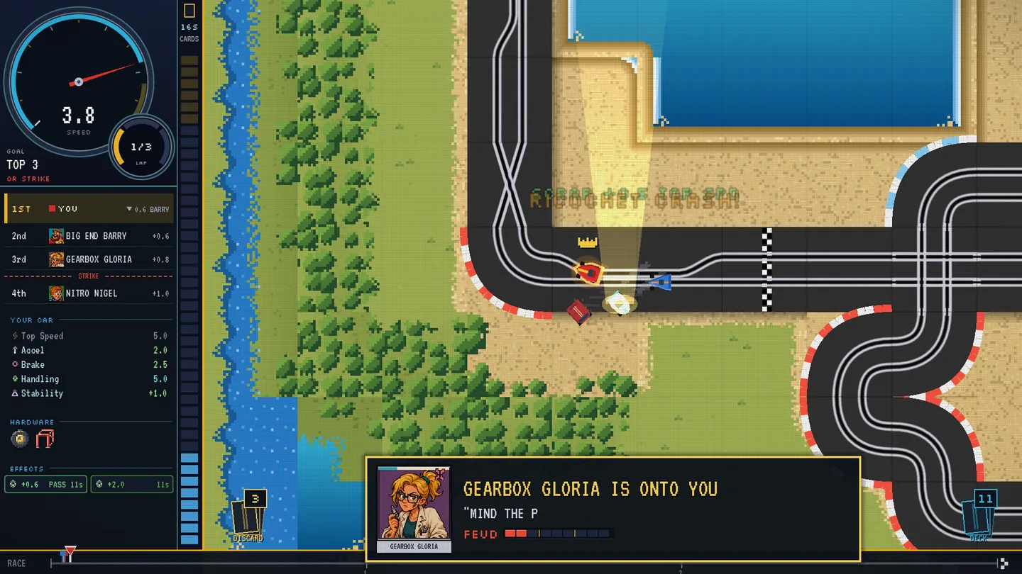 Native Windows desktop game capture of the new race sidebar: a round retro speedometer with a small lap gauge reading 1 of 3, the goal TOP 3 OR STRIKE, standings with racer faces and time gaps, a stats list, hardware icons, effect chips and a tall card timer column down the right edge