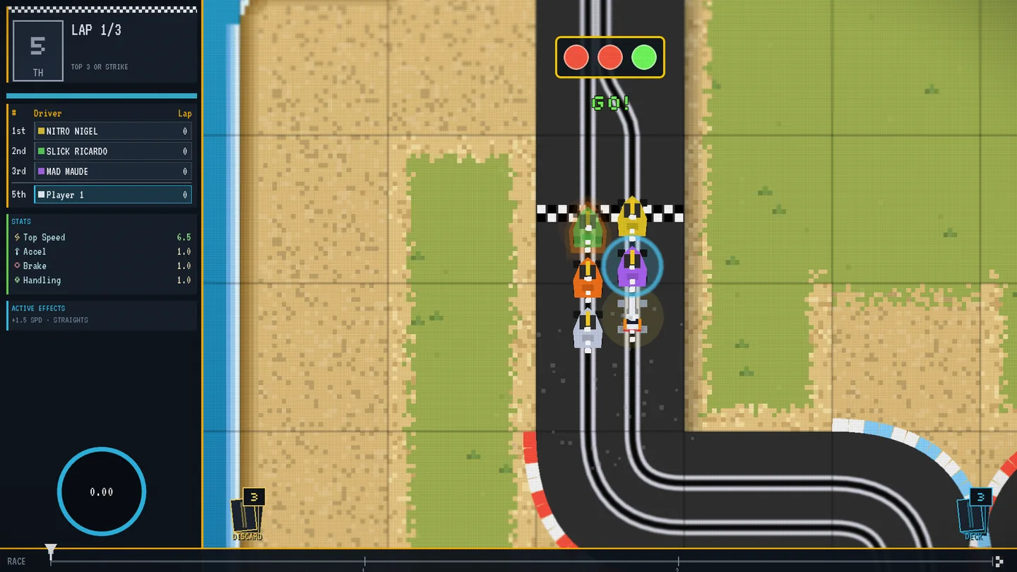 The green light moment at a race start: the named field launches off the grid under the light gantry, pit board standings on the left.