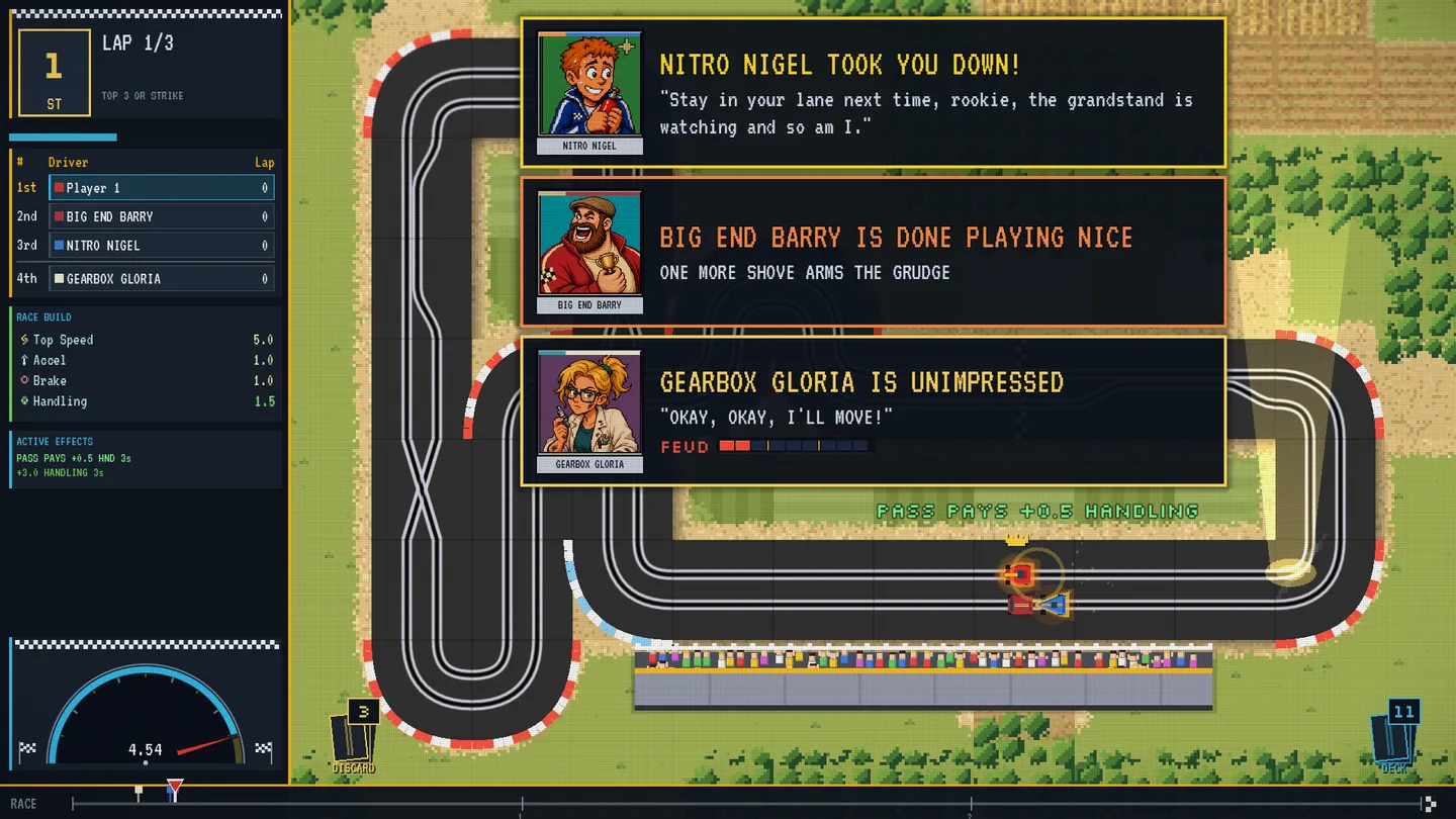 Three rival callout cards stacked over a race: Nitro Nigel took you down, Big End Barry is done playing nice, Gearbox Gloria is unimpressed, with a FEUD meter.