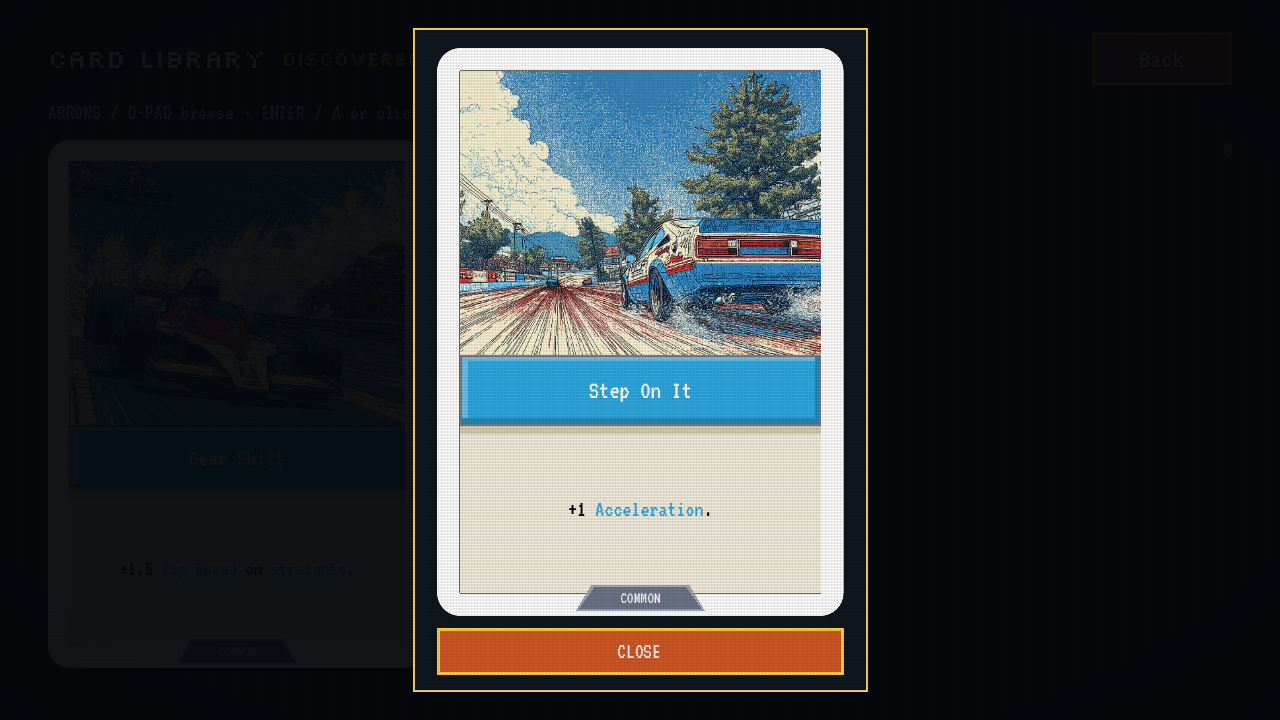 Native Windows desktop card library showing a large Step On It card and a focused Close button