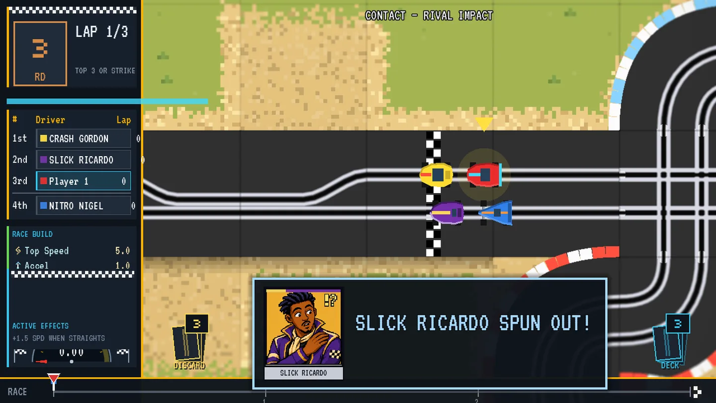 Slick Ricardo reacting to a spin-out beside his purple-and-gold speedster in the race