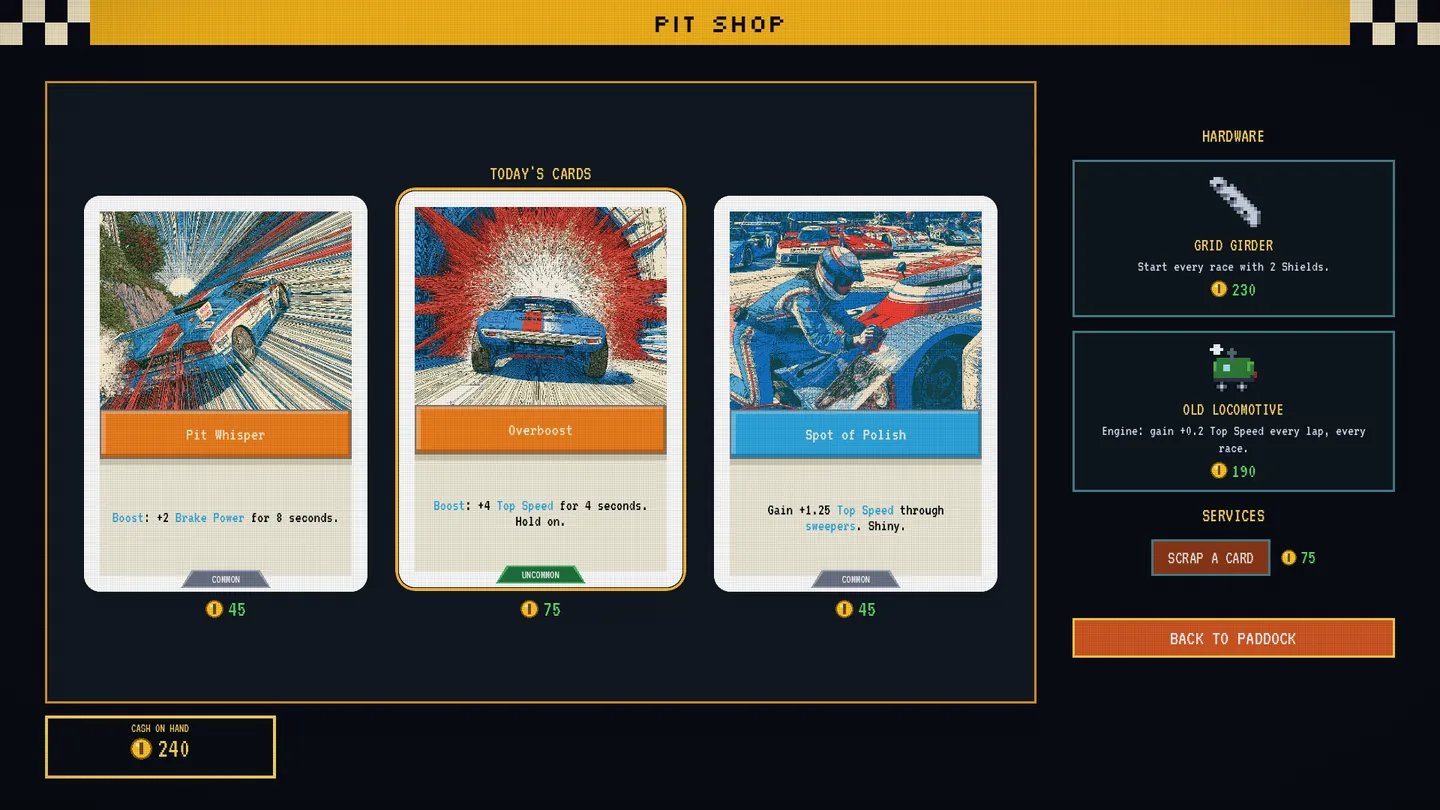 The Pit Shop with a separate dark, gold-bordered CASH ON HAND till in the bottom-left corner showing 240 beside the game's gold coin mark. Cards and hardware offers remain clearly visible above.