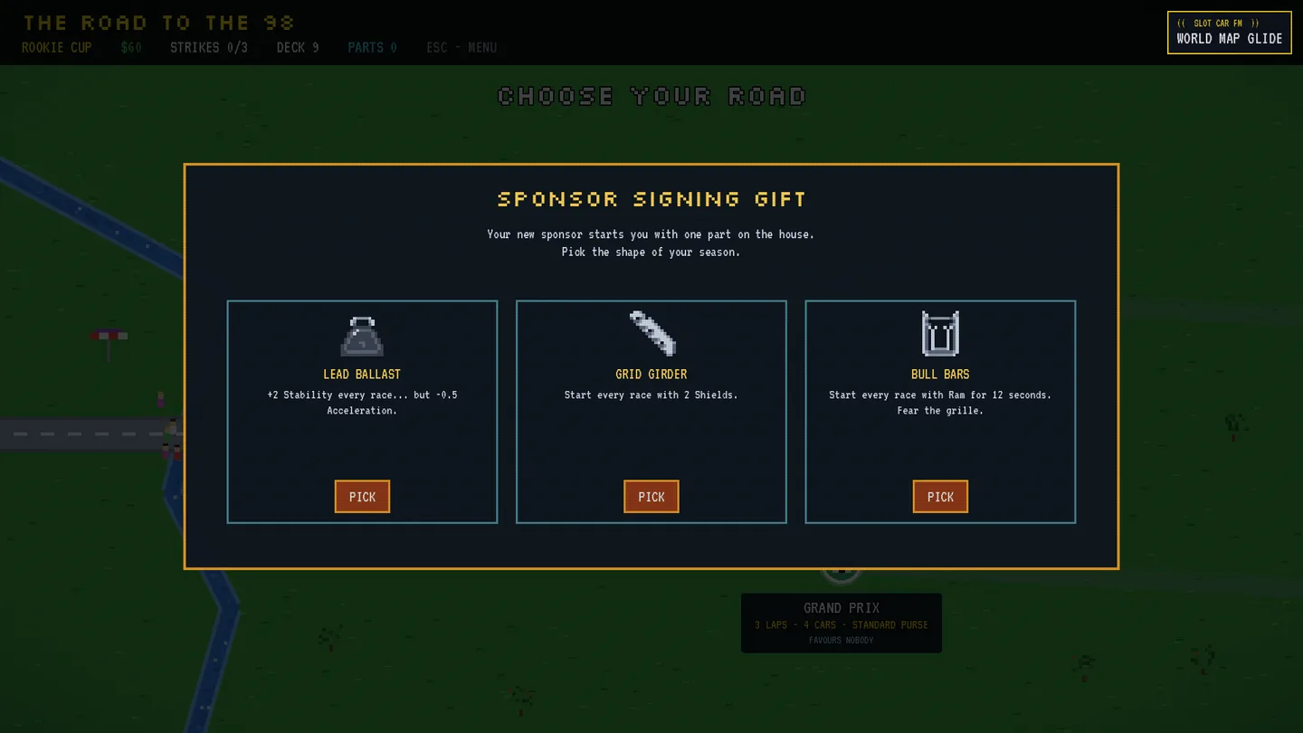 The old sponsor signing gift screen: three sparse teal boxes with large empty gaps between the rules text and the PICK buttons.