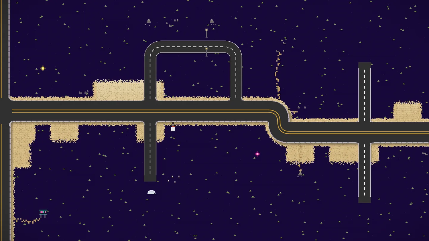The new Spectral world-map biome with deep violet space ground, cyan water and colourful star-like details beside the road.