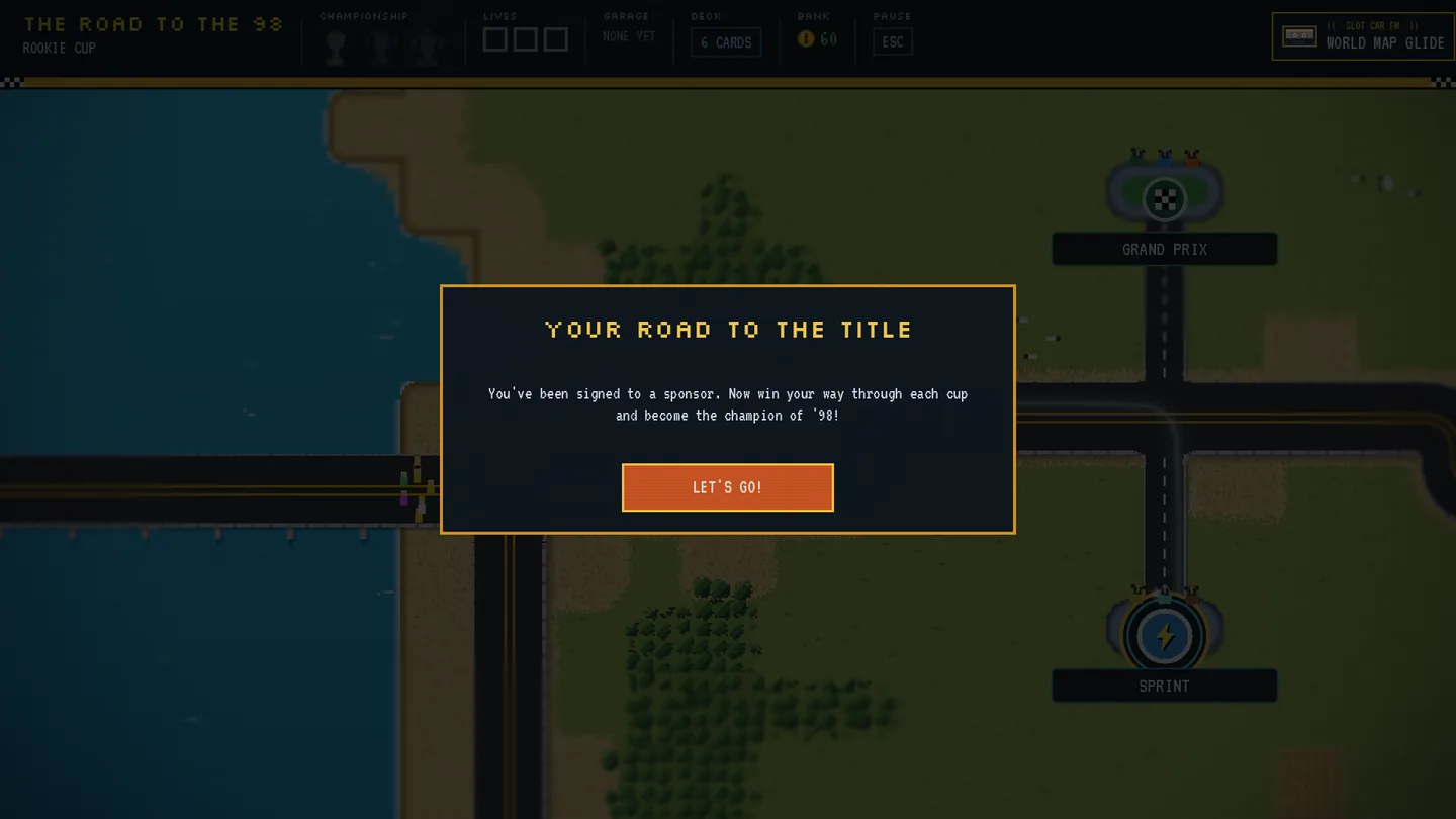 A centred Your Road to the Title popup over the coastal world map with a Let's Go button.
