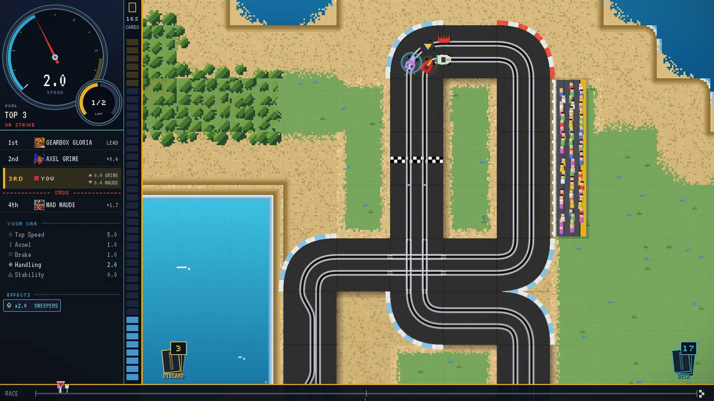 Native Windows desktop game capture of a race through a wide sweeper bend, with the race sidebar showing a doubled Handling stat and the effect x2 Handling on sweepers lit