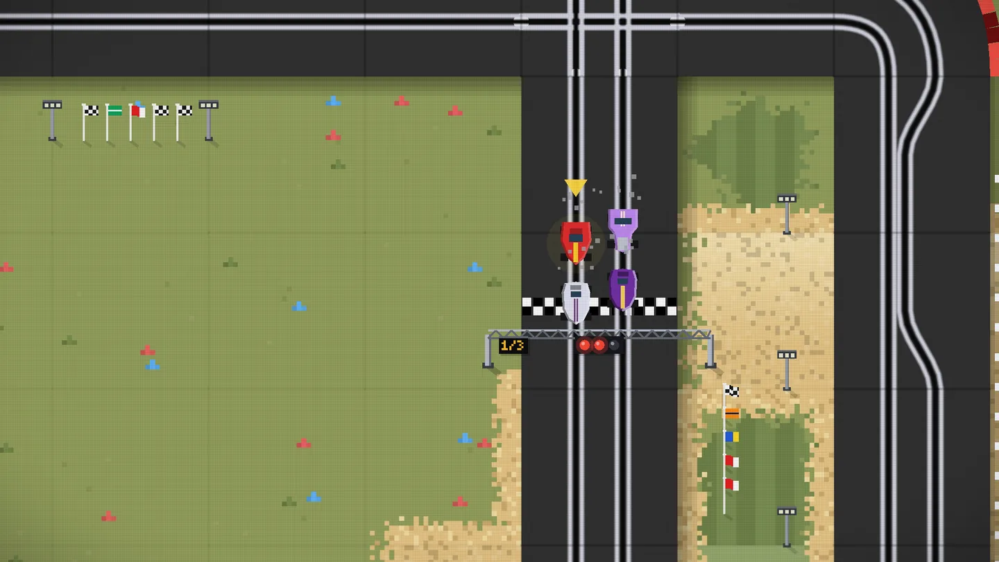 Native Windows desktop game capture of four slot cars on the grid behind a checkered start line, with a grey steel truss across the road just past the line, two red start lights lit and a small black lap board reading 1/3