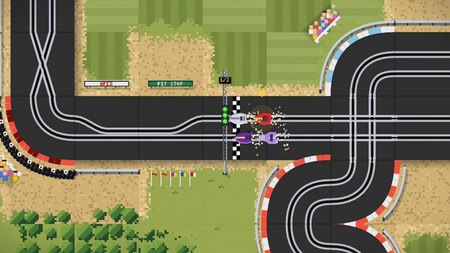 Native Windows desktop game capture of a start gantry over a horizontal straight with three green lights lit as four slot cars launch off the grid in a spray of dust