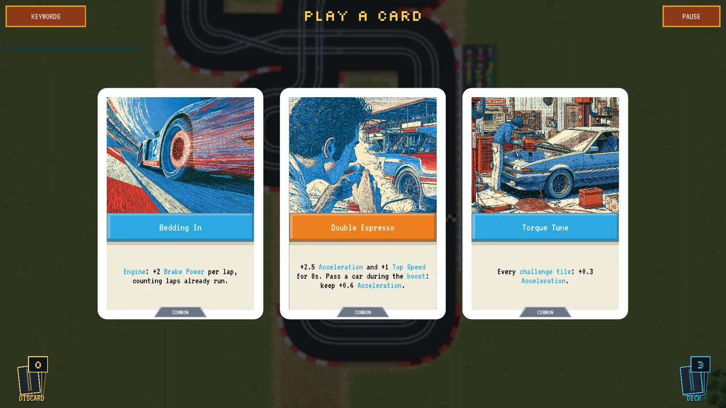 Three draft cards over the race track in the tablet layout