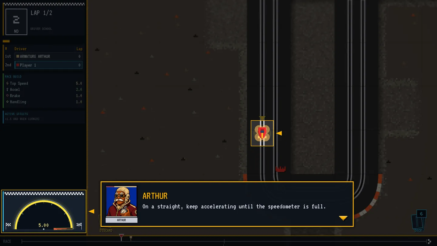 A Driver School racer at full speed on a straight with glowing wheels, a full speedometer and two amber tutorial pointers