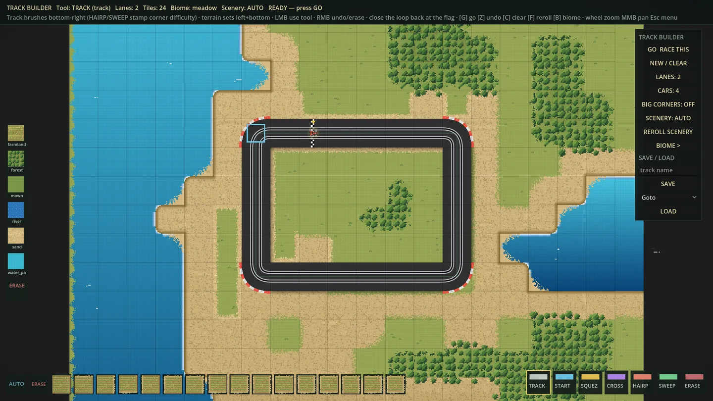 The Track Builder: a two-lane loop drawn on a meadow coast map, terrain palette on the left, track brushes along the bottom, and a side menu with lanes, cars, scenery and save options ending in GO — RACE THIS.