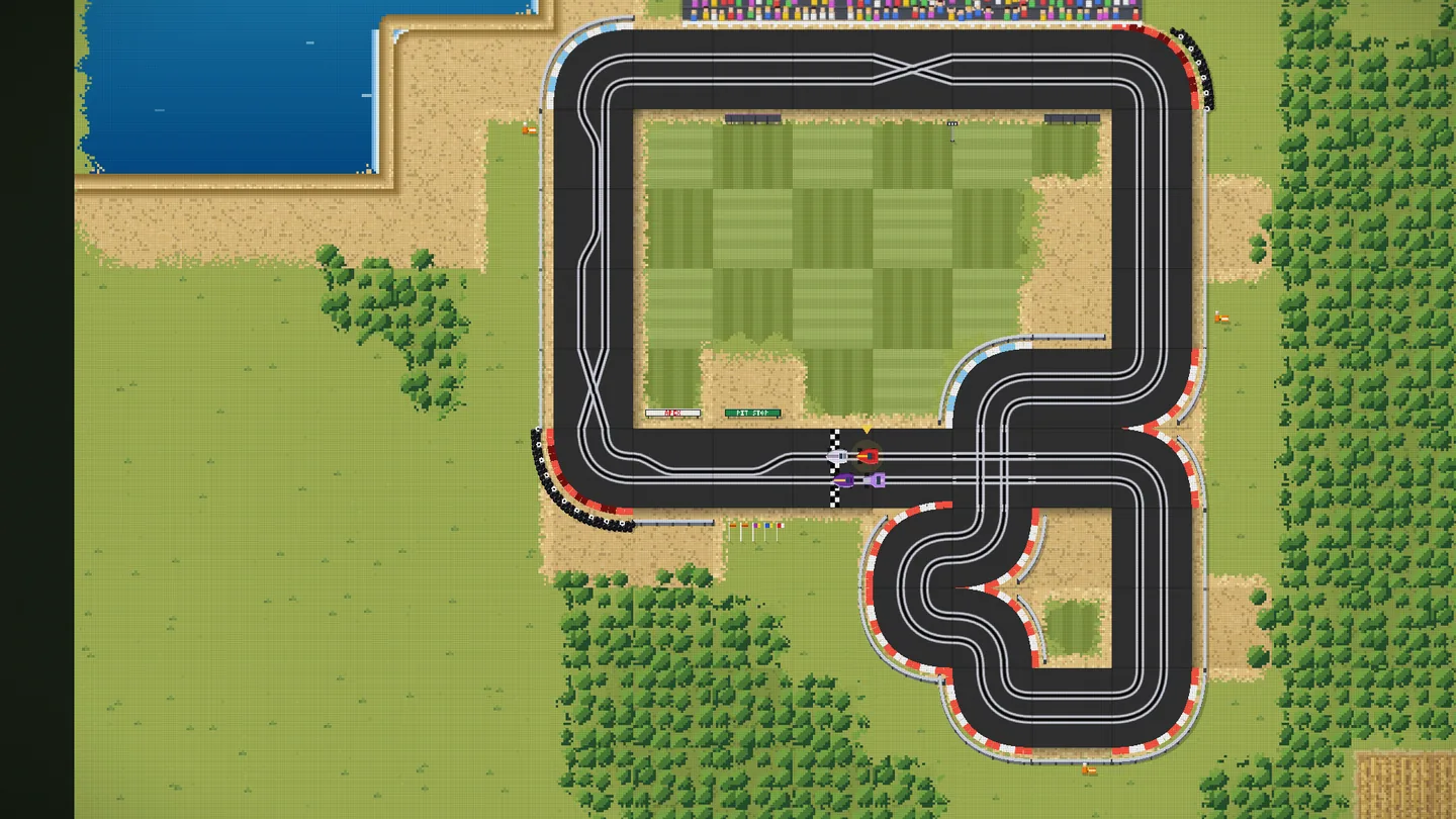 Native Windows desktop game capture of the same slot car circuit lined with grey steel barriers on the corners, black tyre walls on the hairpins, sponsor boards in the infield and a row of flags by the start line