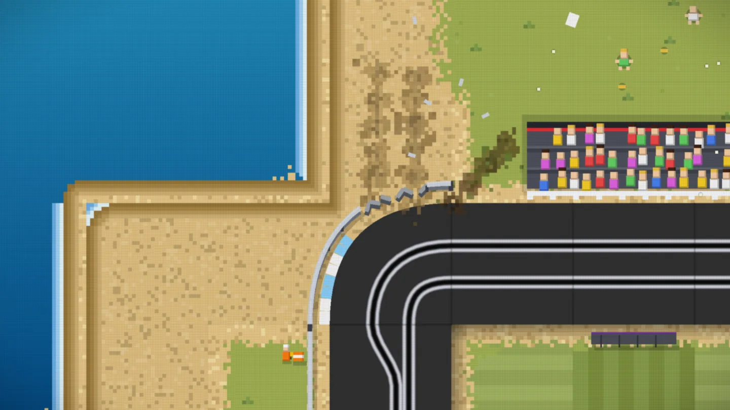 Native Windows desktop game capture close up of a bent section of grey steel barrier on the outside of a corner beside the grandstand, with steel chips scattered across the sand, a dark skid scar running into the grass and a dazed spectator sitting on the lawn