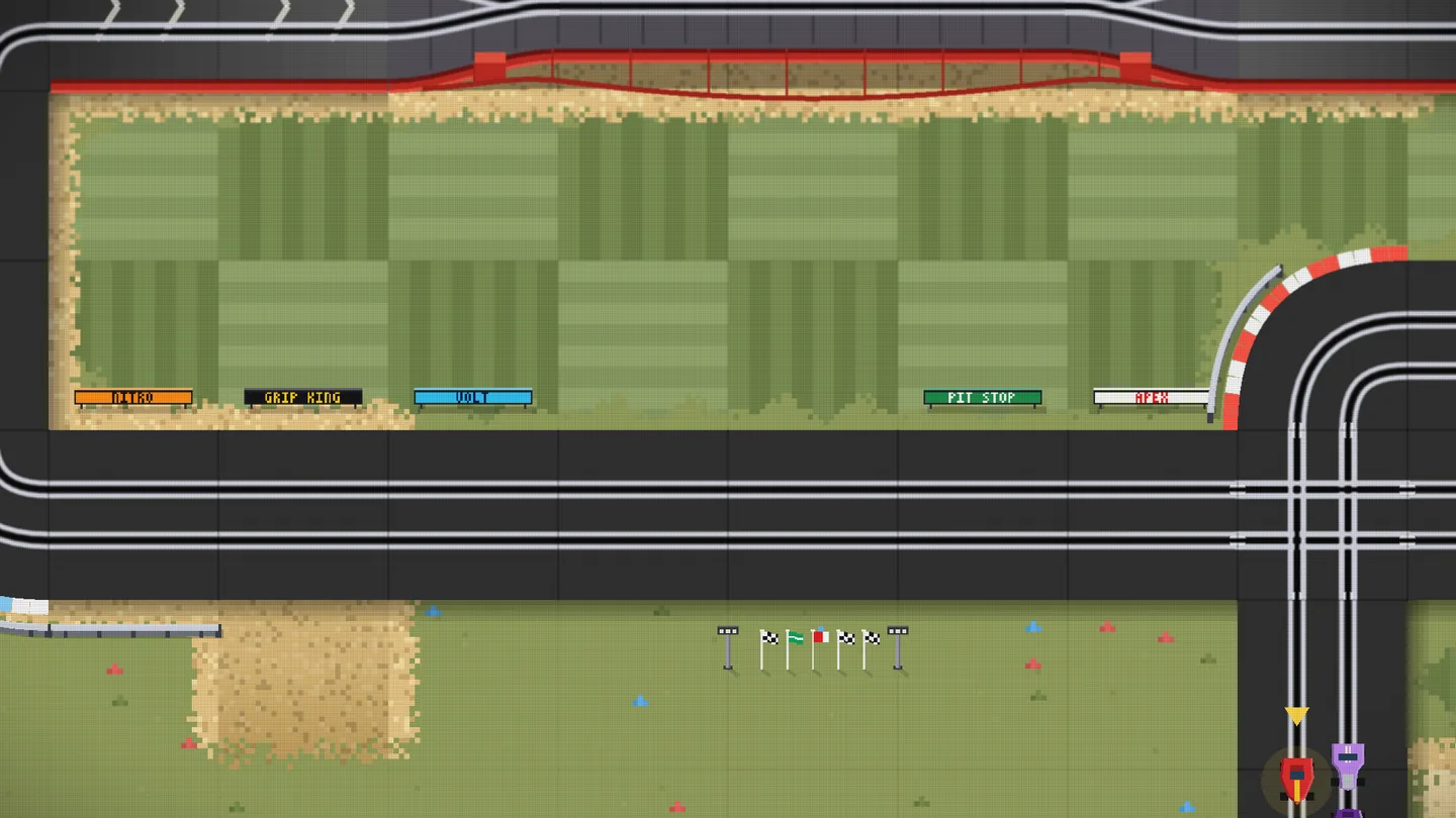 Native Windows desktop game capture of a row of colourful pixel sponsor boards along a straight, reading NITRO, GRIP KING, VOLT, PIT STOP and APEX, with a line of flags between two floodlight masts across the road