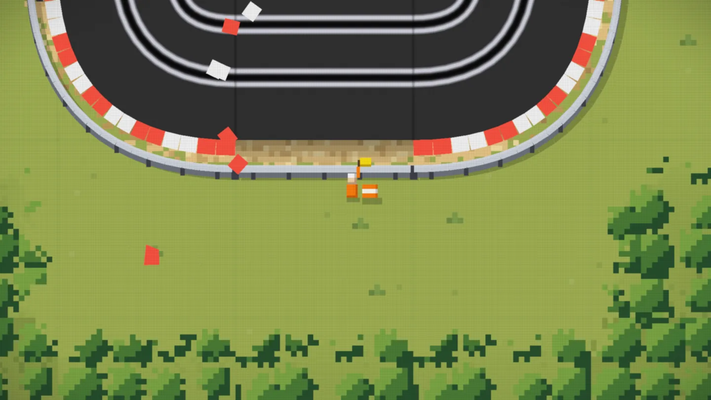 Native Windows desktop game capture close up of a tiny marshal in orange overalls and a white helmet waving a yellow flag beside an orange and white marshal post, behind a grey steel barrier