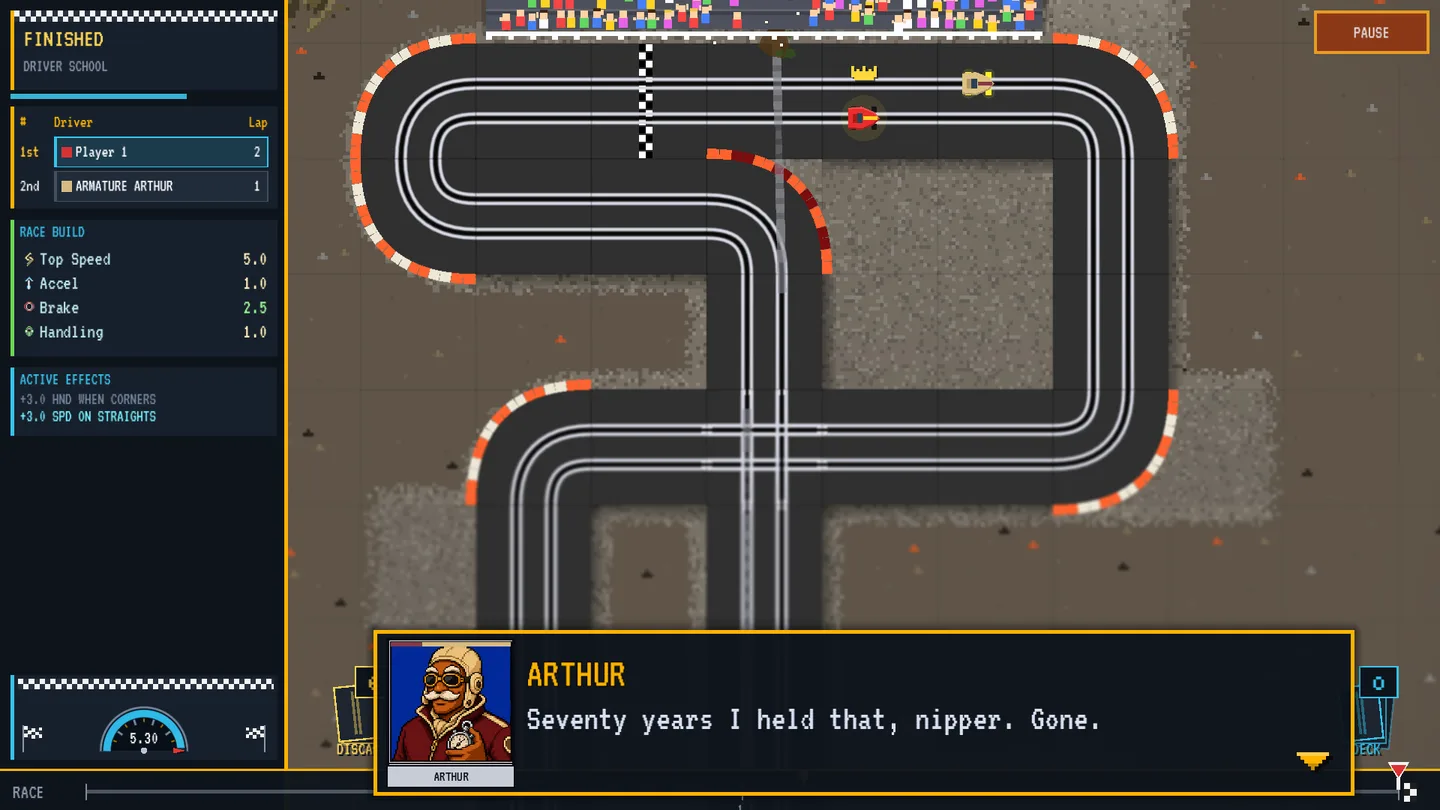 The player's car safely stopped on the finish straight while Arthur gives his verdict