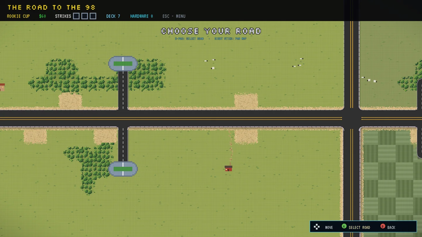 The world map: THE ROAD TO THE 98, CHOOSE YOUR ROAD, with the racer convoy at a fork between two race stops.