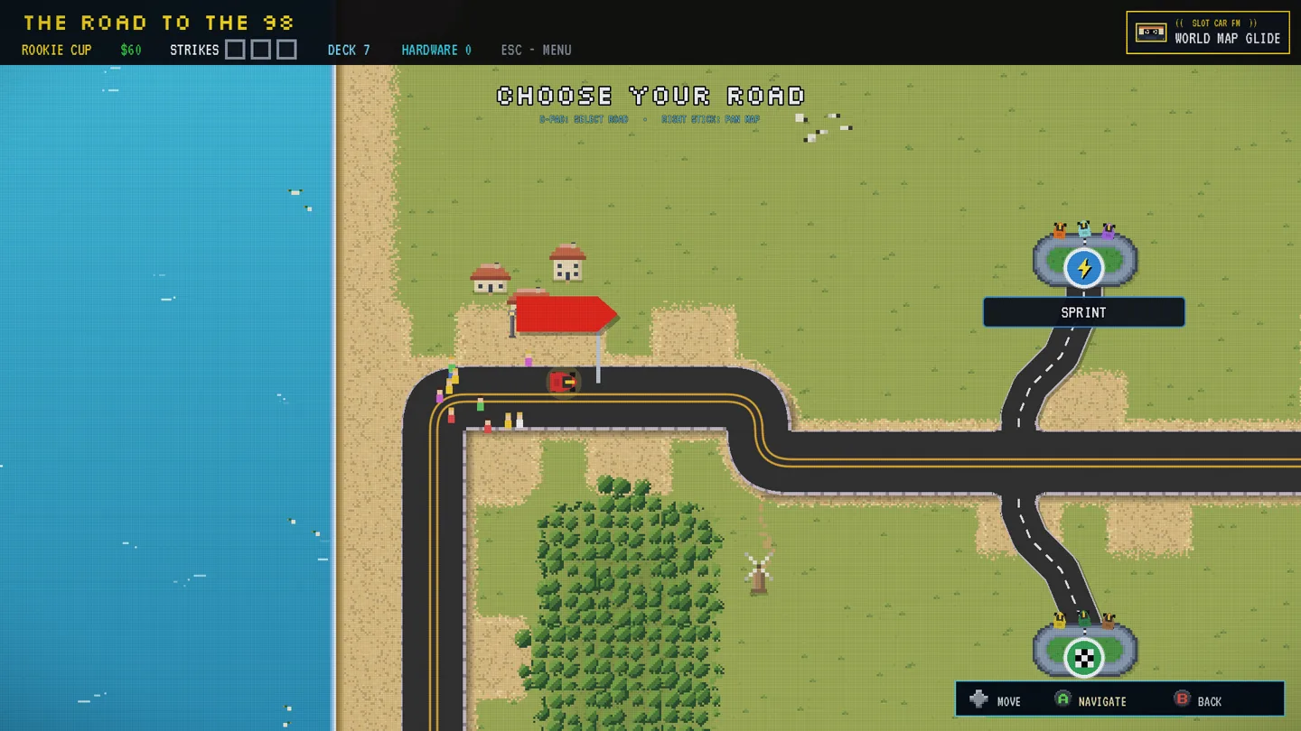 The detailed Super Slot Car coastal world map shown sharply after the sponsor gift has been selected and its overlay has disappeared.