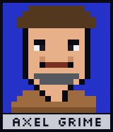 Pixel portrait of AXEL GRIME, a scowling mechanic in a flat cap