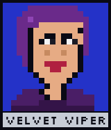 Pixel portrait of VELVET VIPER, cool eyes under a violet hood