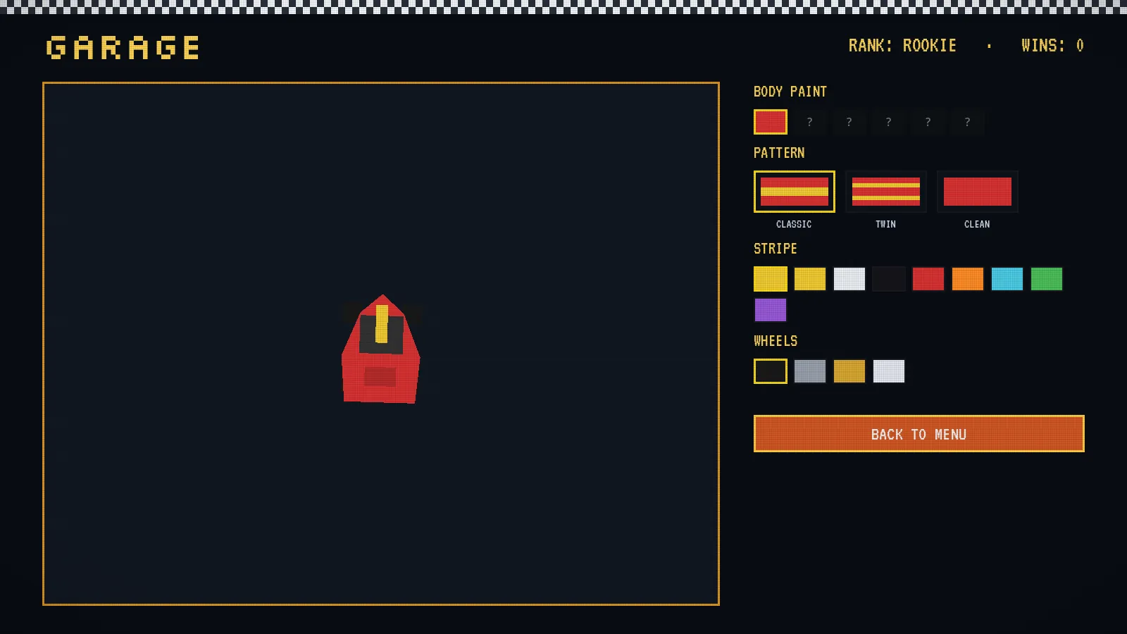The garage screen: the player's car rendered large beside paint, pattern, stripe and wheel pickers.
