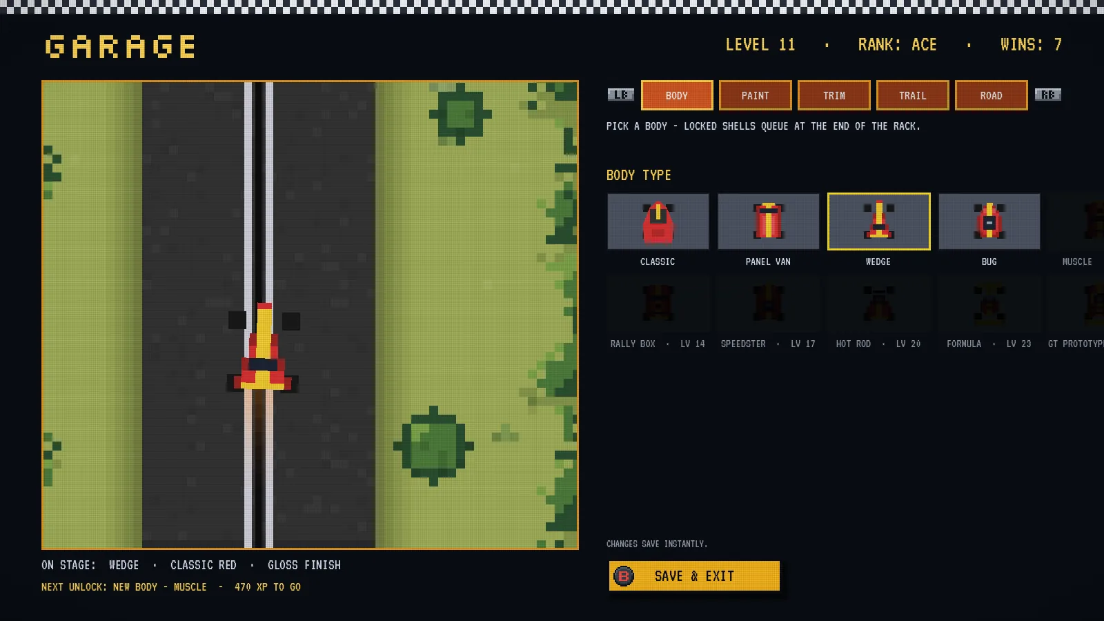 The garage dashboard at level 11, rank ACE with 7 wins: the car rolling on the preview stage beside BODY, PAINT, TRIM, TRAIL and ROAD tabs, locked body types queued at LV 14 to 23 and a NEXT UNLOCK ticker.