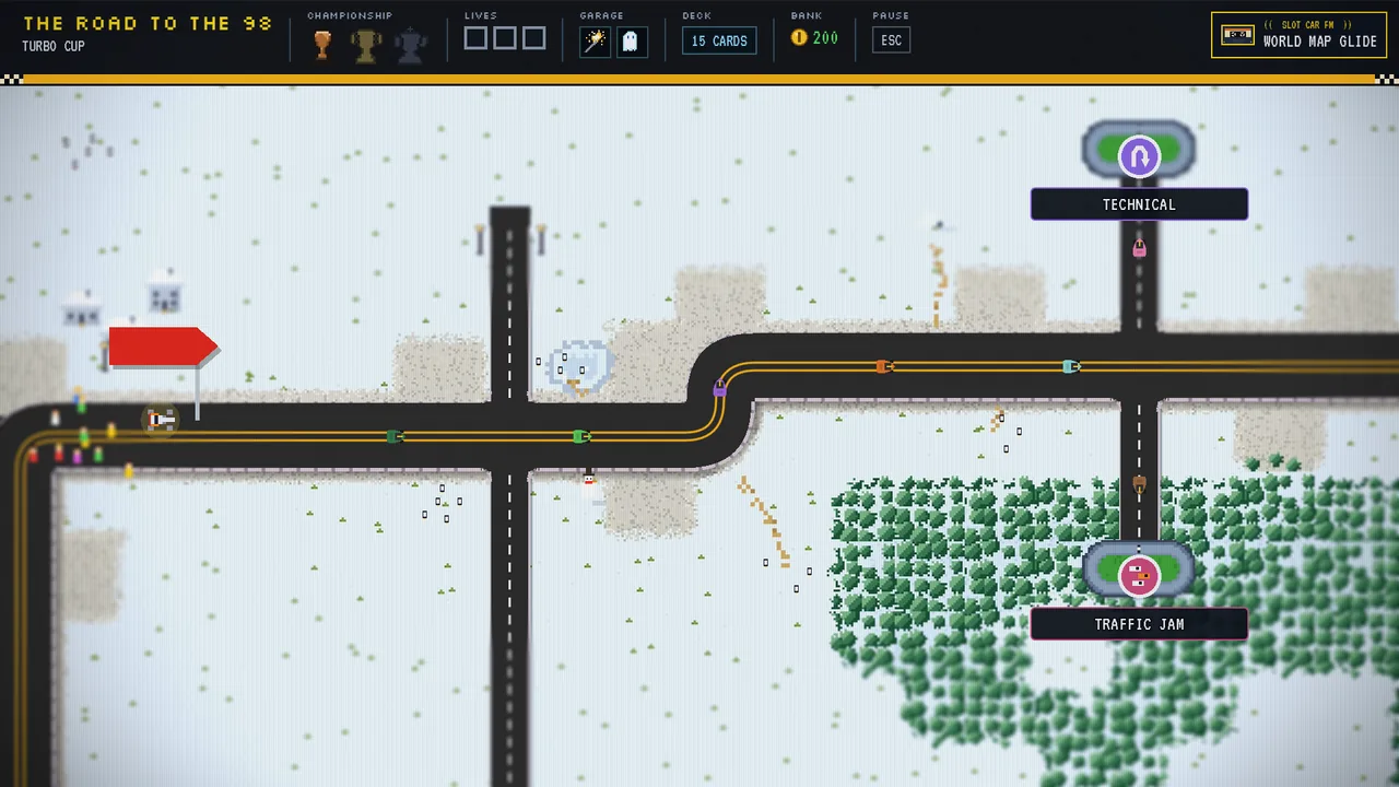 The living world map in a snow biome: the racer convoy arrives along the main road past labelled TECHNICAL and TRAFFIC JAM race stops, with the season dashboard across the top.